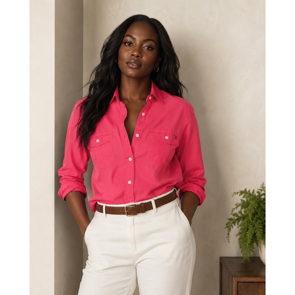 Tommy Hilfiger Classic Fit Pink Button Front Shirt Women's Small 100% Cotton